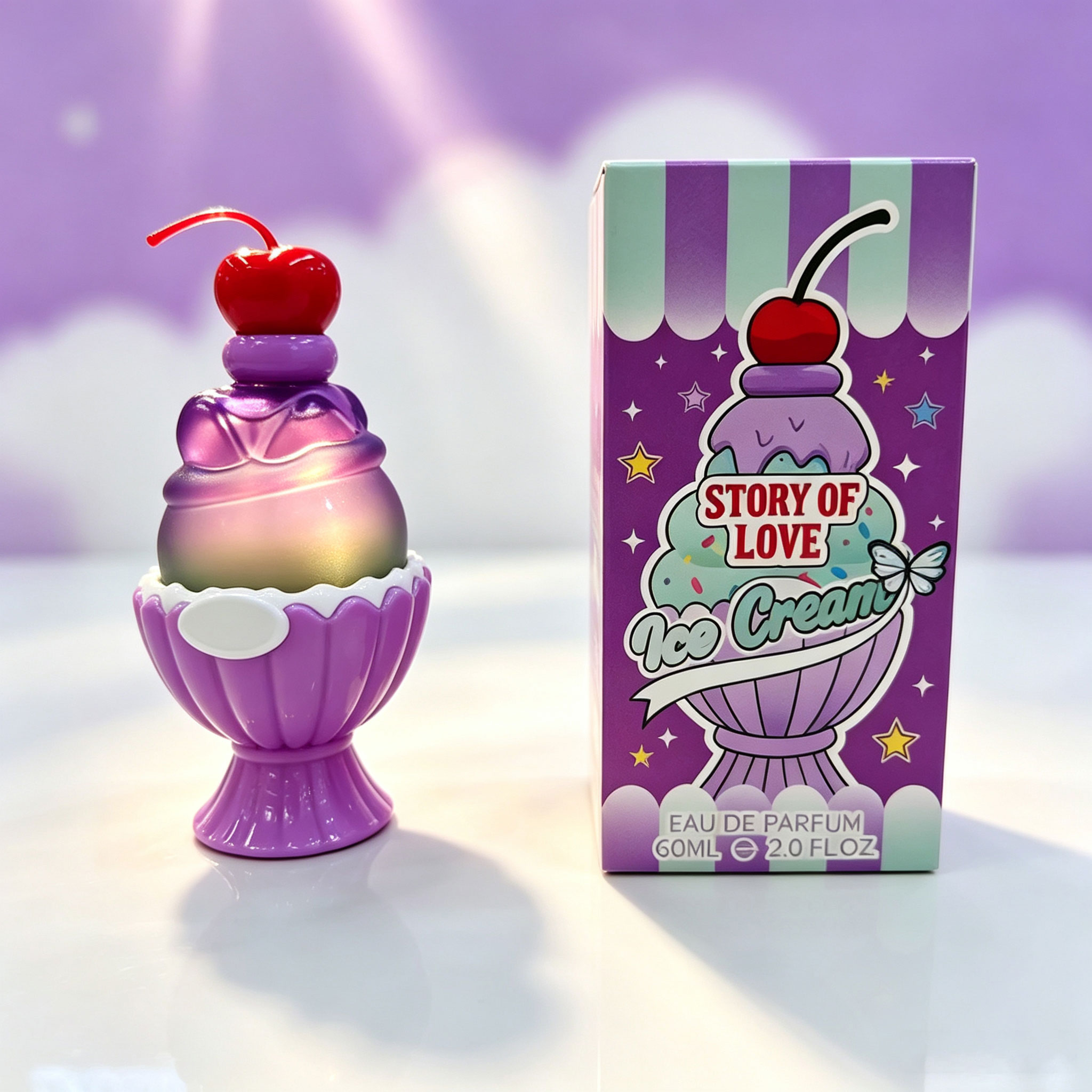 Candle Shop - かわいいアイスクリーム型のオードパルファム60ml、甘くて長持ちするフローラルフルーティな香り、かわいいチェリー装飾の香水瓶、女性や女の子への誕生日やバレンタインギフトに最適な絶妙な漫画風ギフトボックス