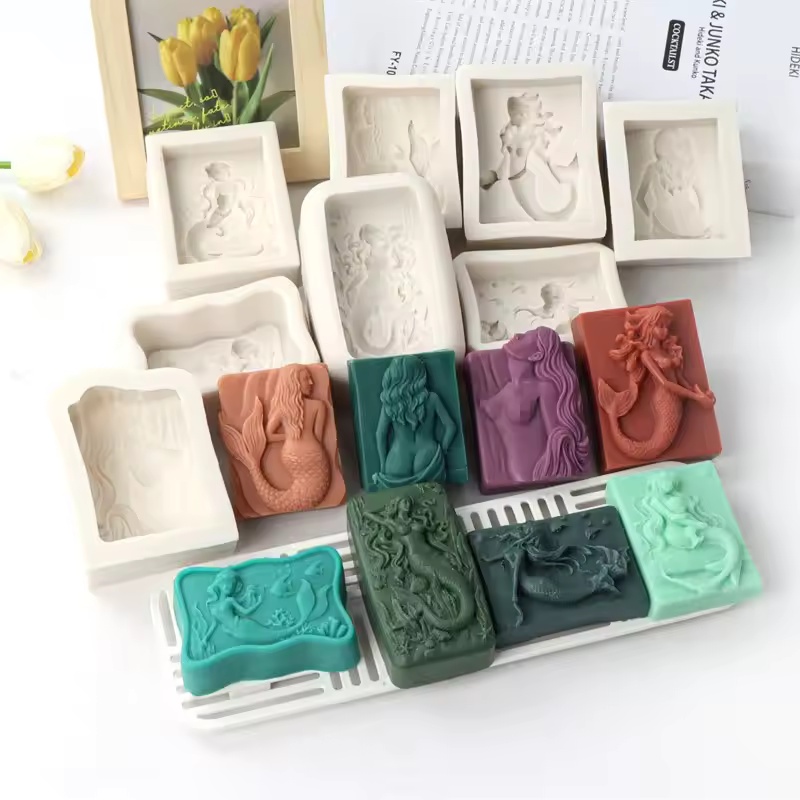 Candle Making Supplies For Beginners - 長方形オーシャンスタイル3DマーメイドキャンドルモールドDIYレリーフマーメイドソープシリコンモールド手作りチョコレートアイスキューブ作成ツールデコレーション